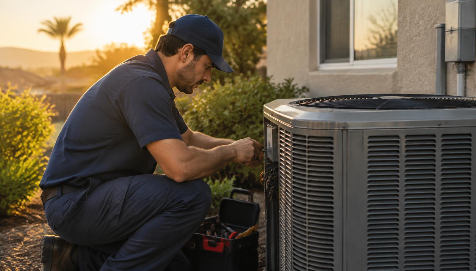 Technician servicing a home air conditioning unit